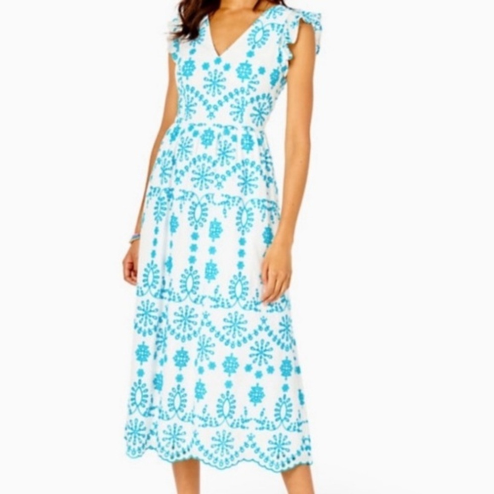 Lilly Pulitzer Lillyanne Flutter Sleeve Eyelet Midi Dress Turquoise 12 new nwt